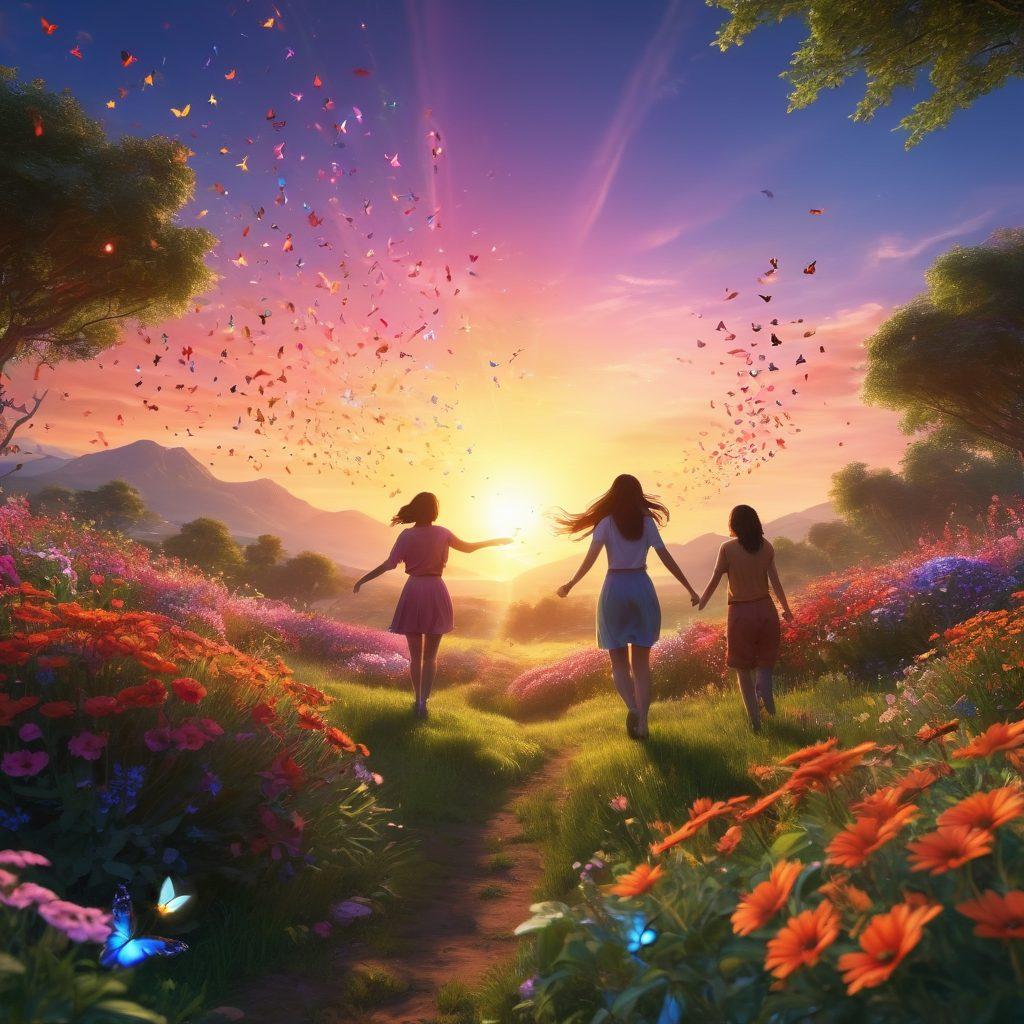 A vibrant sunrise illuminating a lush landscape filled with people joyfully engaging in outdoor activities, surrounded by colorful flowers and fluttering butterflies, electric sparks of light symbolizing positive energy and happiness radiating from individuals. Include elements of music and dance flowing through the air to represent joy. super-realistic. vibrant colors. 3D.