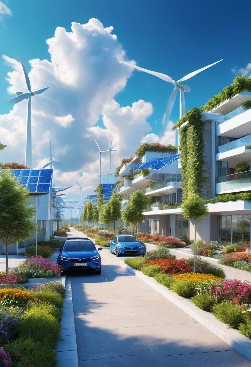 A vibrant landscape showcasing a modern city fully powered by renewable energy, with solar panels glistening on rooftops and wind turbines spinning in the background. The scene should be adorned with lush greenery, colorful gardens, and people enjoying life, radiating positive energy and happiness. Incorporate elements of innovation like electric cars and smart technology seamlessly integrated into the environment. The sky should be bright blue with fluffy white clouds, emphasizing a clean, sustainable future. super-realistic. vibrant colors. white background.