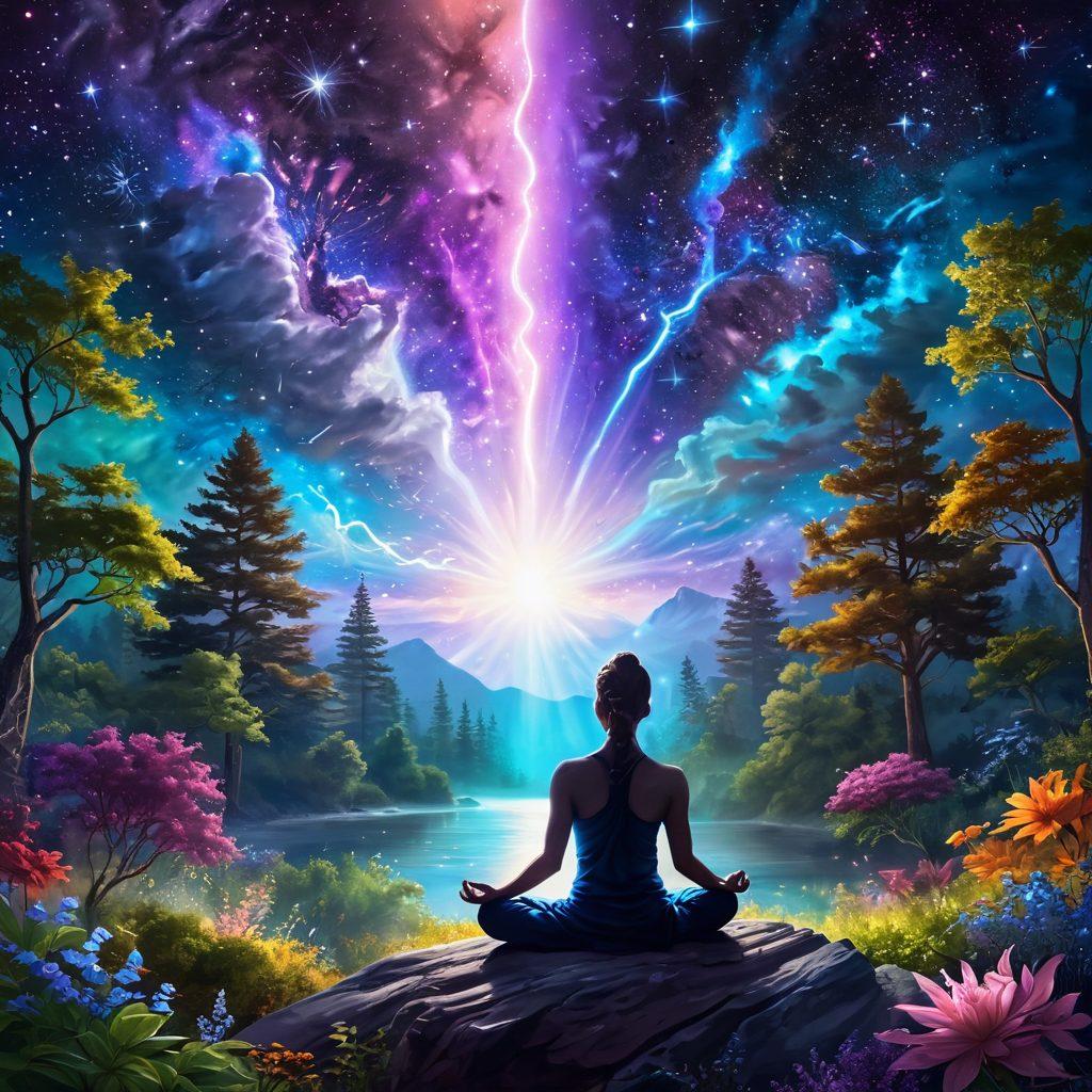 A serene landscape infused with swirling galaxies and bright stars above, depicting a spiritual figure meditating with rays of electric energy emanating from their body, symbolizing cosmic energy. Surrounding the figure are vibrant flora and fauna that glow with happiness, illustrating the connection between nature and electric happiness. The overall atmosphere should convey a sense of elevated peace and joy. digital painting. vibrant colors. ethereal ambiance.